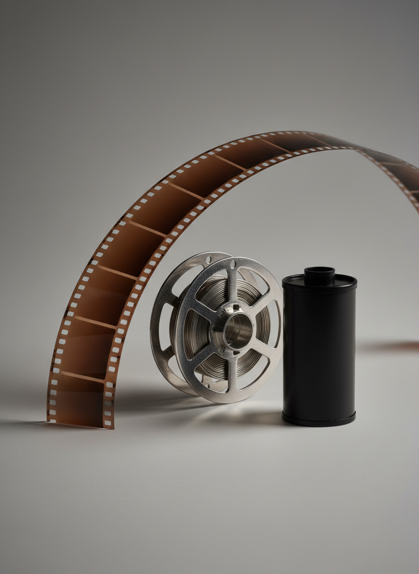 A close-up of a perfectly processed strip of 35mm film negatives, rich amber-brown in color, gently curved over a neutral gray background. Each frame is sharp and evenly spaced, with smooth perforations catching subtle highlights. The film rests beside a pristine stainless steel developing reel and a matte black film canister, suggesting a complete workflow. Soft studio lighting from the side creates controlled reflections and delicate shadows, emphasizing texture and clarity. Captured with a shallow depth of field at a slightly elevated angle, the focus is on craftsmanship and quality. The mood is highly professional and precise, with clean photographic realism and a restrained, modern aesthetic ideal for showcasing lab detail quality.