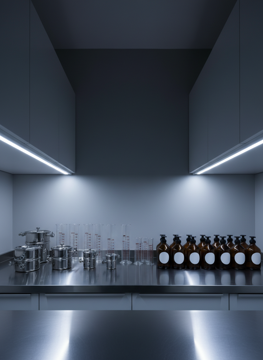 A state-of-the-art darkroom-inspired processing area without any people, featuring a row of stainless steel developing tanks, measuring cylinders, and neatly arranged chemistry bottles with simple, non-text labels. The equipment sits on a smooth, reflective countertop against a matte charcoal wall. Discreet under-cabinet LED strips cast soft, cool light downward, creating defined highlights on metal and glass while the background falls slightly into shadow. Photographic realism with an eye-level, symmetrical composition evokes exacting control and technical mastery. The atmosphere feels calm, controlled, and highly professional, capturing the essence of a premium film processing facility without clutter, suitable for a services or process page.