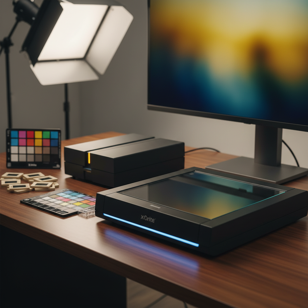 An advanced film scanning station featuring a high-resolution flatbed scanner and a dedicated film scanner on a smooth, dark wood desk, both powered on with subtle indicator lights. Several mounted slides and a negative holder are arranged in a tidy layout nearby, alongside a color calibration target. A large, unbranded monitor in the background displays an abstract, softly blurred image suggesting a scanned photograph, without legible text. Neutral, diffused studio lighting from above and slightly behind creates gentle highlights and a professional sheen. Photographic realism, captured from a three-quarter angle with shallow depth of field, conveys a quiet, focused atmosphere and the precision of digital transfer services.