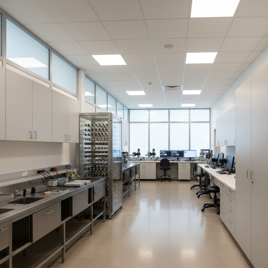 A panoramic view of a modern, open film lab space with multiple dedicated stations: a processing counter with stainless tanks, a drying cabinet with evenly hanging film strips, and a scanning area with sleek equipment, all impeccably organized. The floors are smooth and light-toned, with cabinets in matte white and accents of brushed aluminum. Large, frosted windows admit diffused daylight, balanced by overhead neutral LED panels, creating bright, shadow-soft illumination across the room. Photographic realism, shot from a wide, slightly elevated angle with sharp focus throughout, showcases a clean, efficient workflow. The mood is confidently professional and reassuring, ideal for conveying scale and capability on an “about the lab” or facility page.