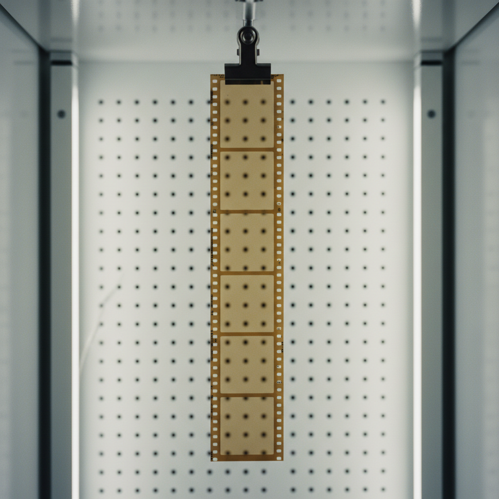An intimate macro shot of a single medium-format negative strip clipped inside a dust-free drying cabinet. The film hangs perfectly straight from a stainless steel clip against a softly blurred interior of matte white surfaces and perforated metal panels. Gentle, cool LED lighting within the cabinet creates a subtle glow through the translucent film base, accentuating frame edges and perforations while casting barely-there shadows. Photographic realism with extreme close-up detail and very shallow depth of field emphasizes surface perfection, absence of dust, and technical care. The atmosphere is quiet, almost clinical, conveying the precision and controlled environment crucial for high-end film processing services.