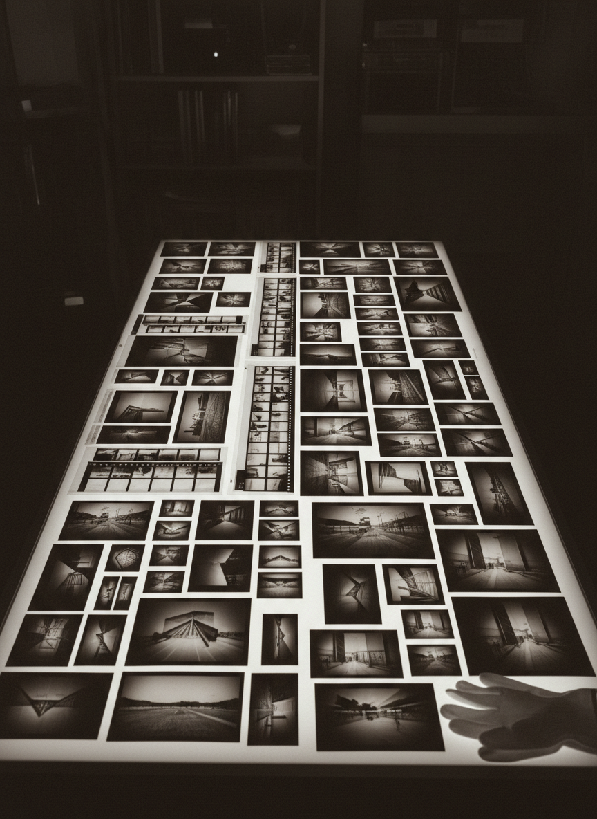 A pristine light table filled with carefully arranged photographic prints in various sizes, all in neutral tones with no readable text, surrounded by neatly aligned strips of negatives in archival sleeves. A pair of clean, white cotton gloves rests at the edge of the frame, hinting at archival handling without showing hands. Bright, even light emanates from the table surface, illuminating every detail while the surrounding room fades into soft, cool shadow. Shot from a slightly elevated angle with moderate depth of field, the composition leads the eye across the workflow from negative to finished print. The mood is meticulous and contemplative, in clean photographic realism, emphasizing quality control and attention to detail.