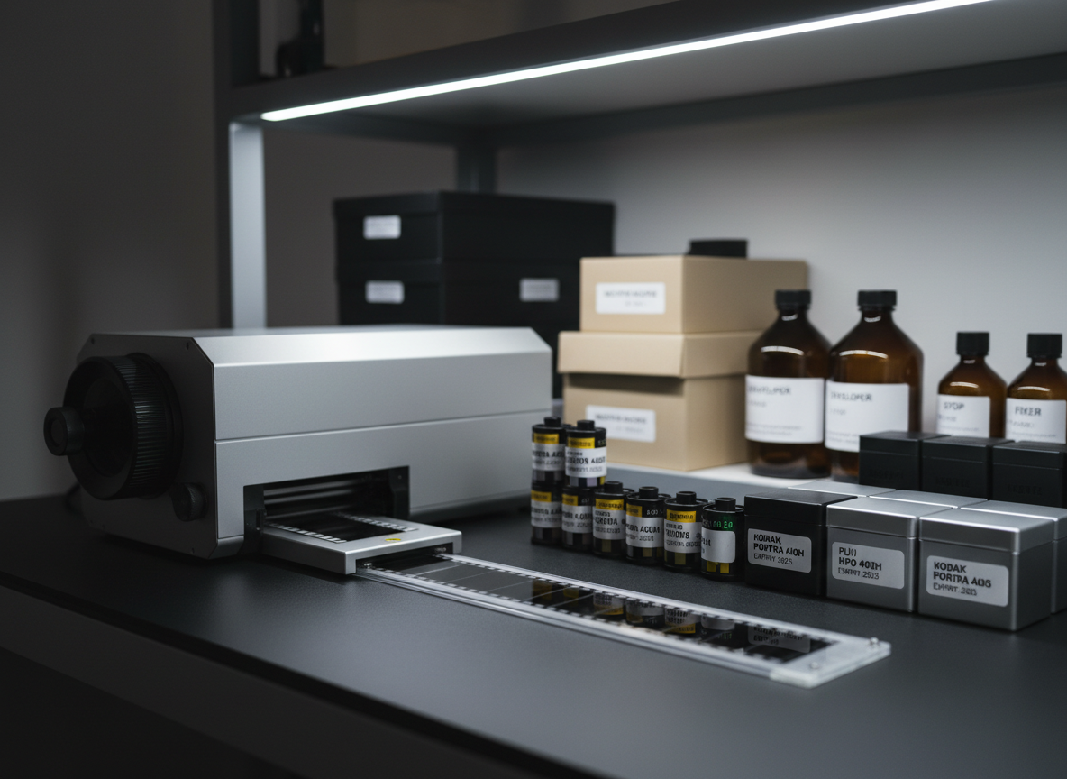 A meticulously organized professional film lab workstation featuring a high-end film scanner and neatly stacked 35mm and 120 film canisters, all labeled with clean, minimalist markings. A strip of perfectly flat, dust-free negatives lies in a film holder on a matte black work surface. In the background, blurred shelves hold archival storage boxes and processing chemistry bottles. Cool, even overhead LED lighting creates a clear, neutral illumination with crisp reflections on metal surfaces and soft shadows under equipment. Photographic realism, shot at eye level with a slightly wide lens, emphasizing precision, cleanliness, and technical expertise in a calm, efficient atmosphere suitable for a modern lab homepage hero image.